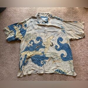 citron 100% silk mens short sleeve button up cranes waves blue XXL japanese
